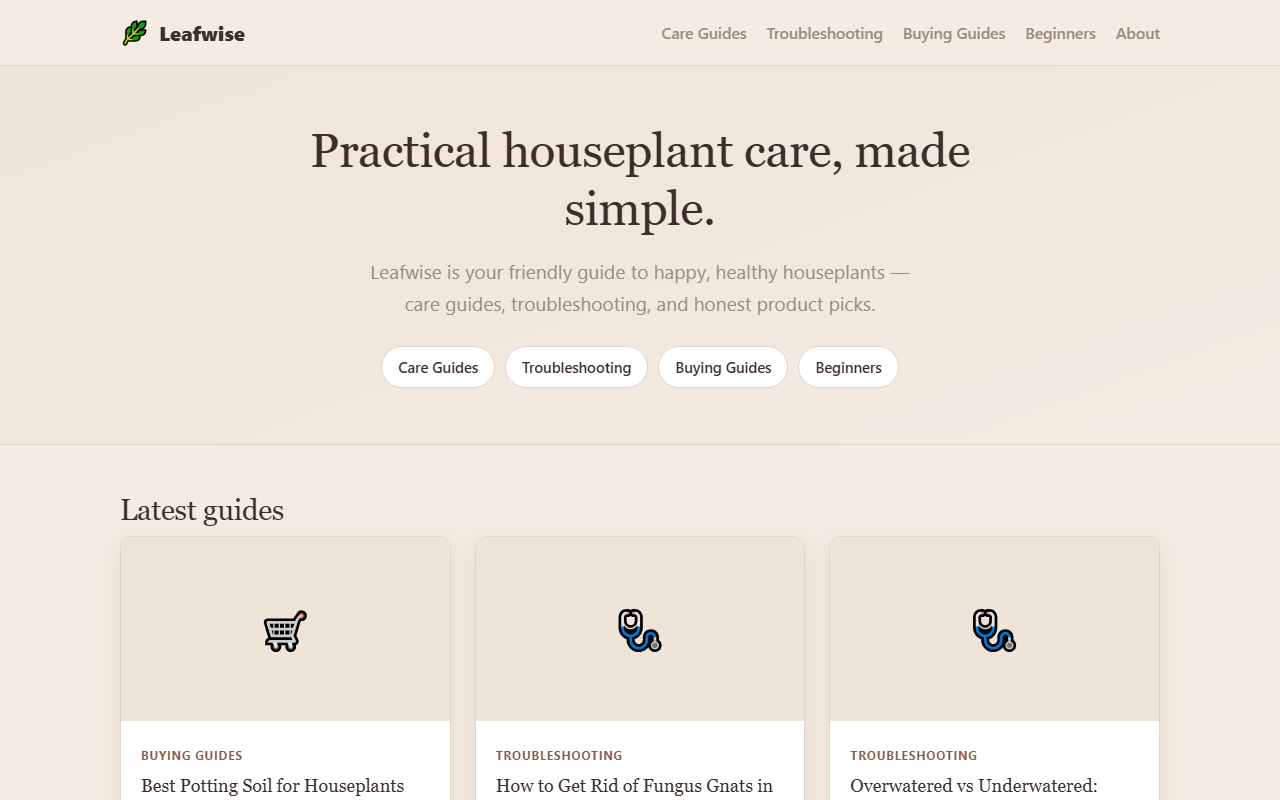 Главная страница англоязычного сайта Leafwise про комнатные растения